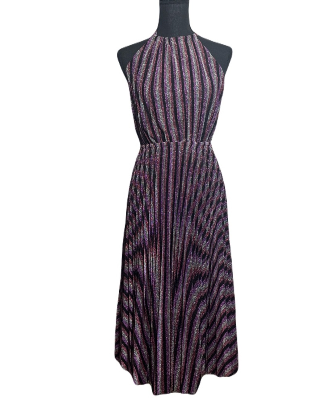 Shimmering Liquid Metallic Purple Halter Pleated Maxi Dress